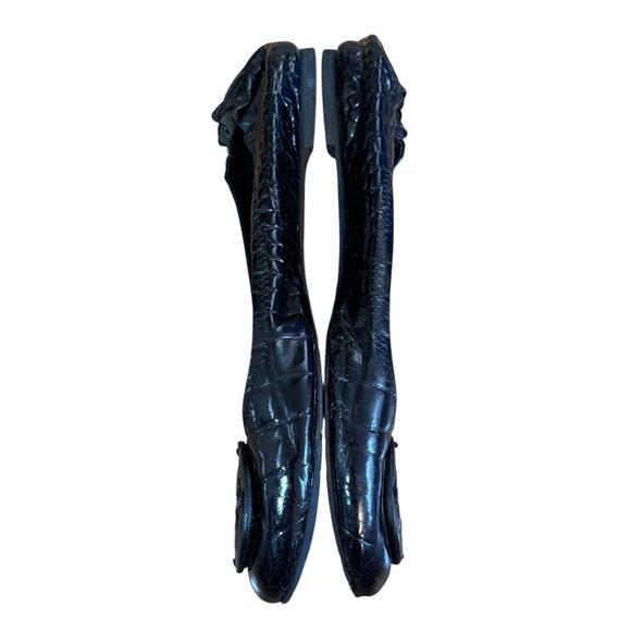 TORY BURCH Reva Black Leather Croc Print Ballet Slip On Flats Scrunch Back 11M - Picture 8 of 11